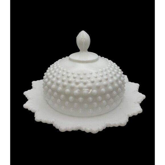 Fenton Hobnail Milk Glass Covered Butter Dish Cheese Dish Round Lidded Tray - Picture 7 of 8
